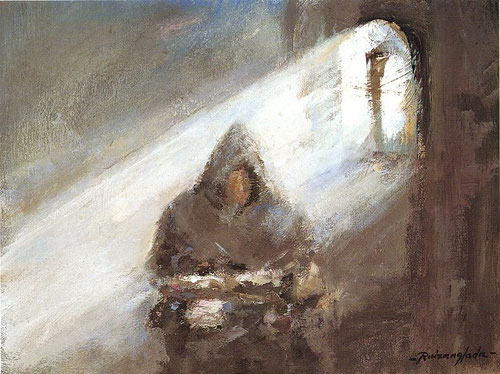 Pintura de Ruizanglada en la que está un monje rezando en su celda