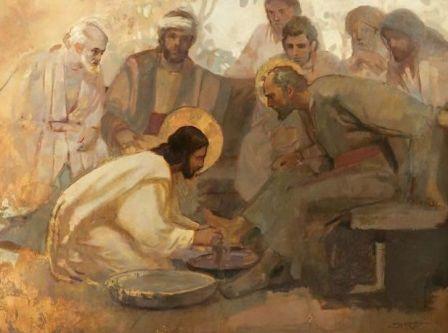 Pintura en tonos dorados de J. Kirk Richards, y en la que representa la escena bíblica del lavatorio de los pies.