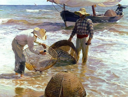 Dos hombres están pescando en un cuadro de Sorolla